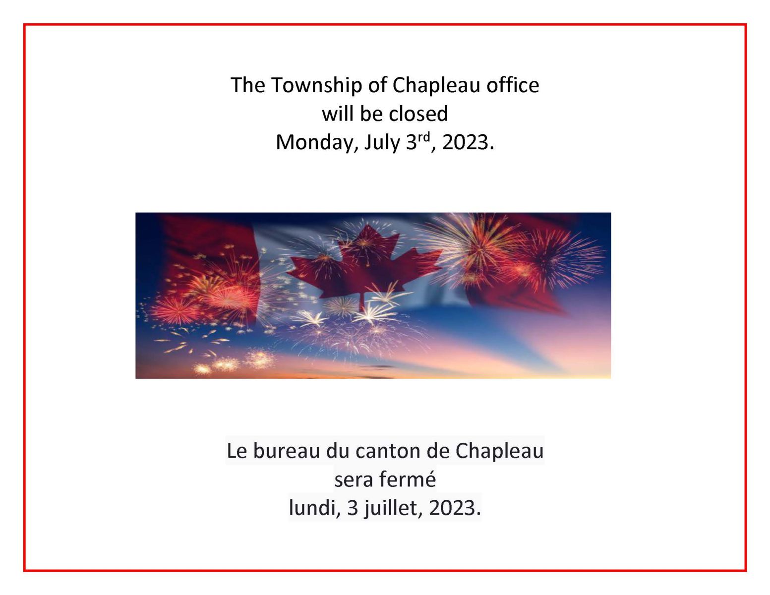 Municipal Office Closed July 3rd, 2023 in lieu of Canada Day