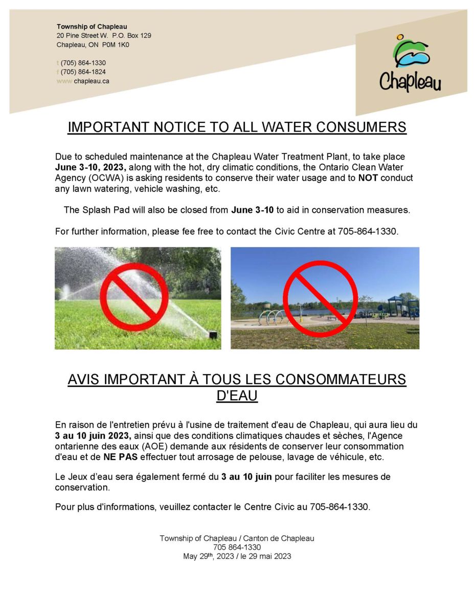 water maintenance from June 3 to 10. No lawn watering allowed